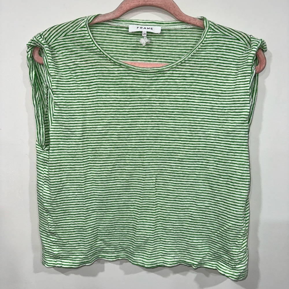 Frame Denim Green and White Striped Muscle Tee